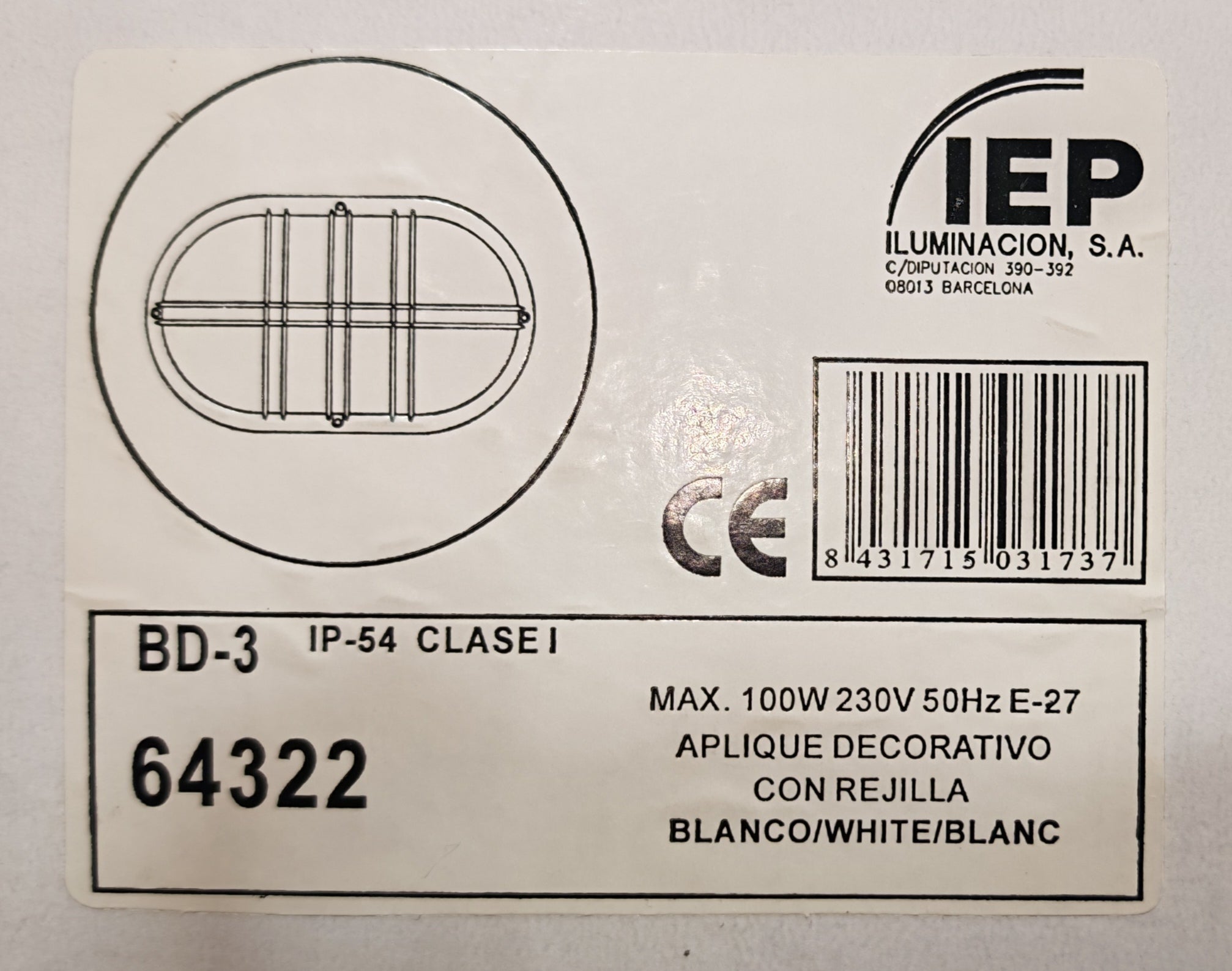 Aplique de Exterior Simon BD-3 Blanco | Diseño Oval con Rejilla – IP54