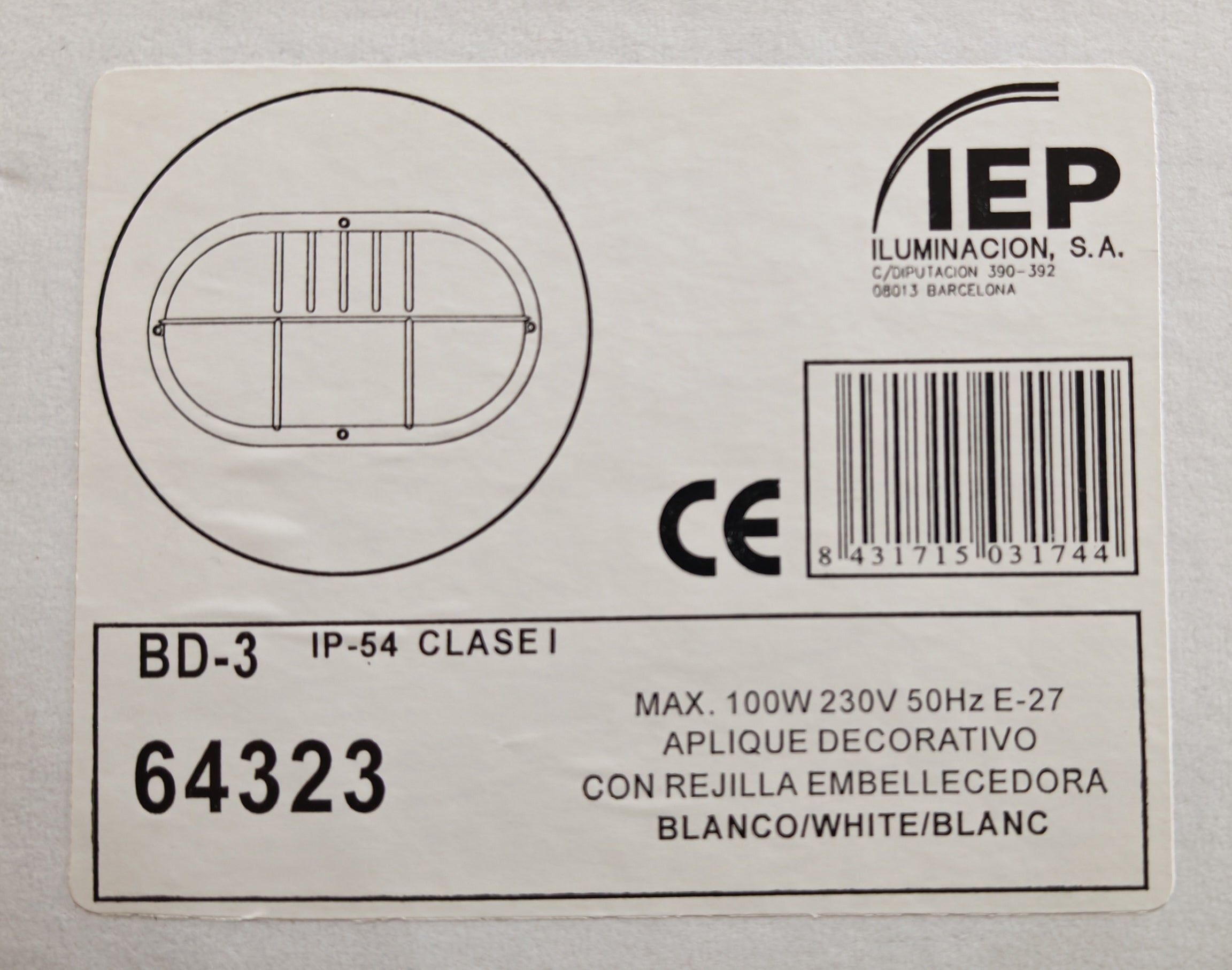 Aplique de Exterior Simon BD-3 Blanco | Diseño Oval con Rejilla y Visera – IP54